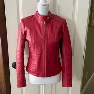 Women's Red Leather Jacket with inside and outside pockets